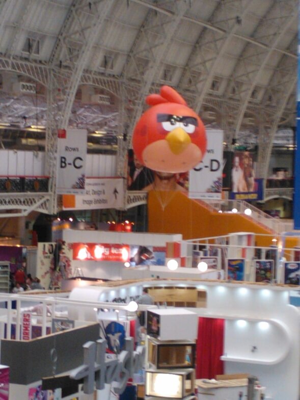 angry bird inflatable hovers over exhibition stand
