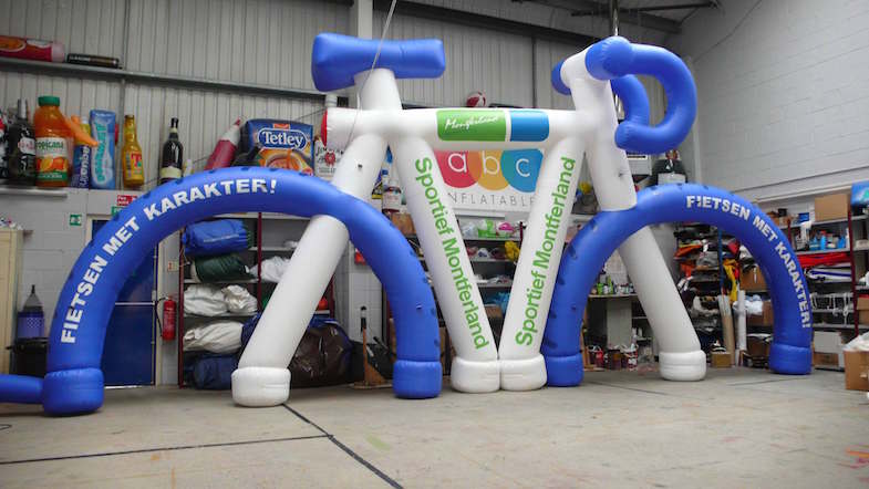 inflatable bike standing up in workshop