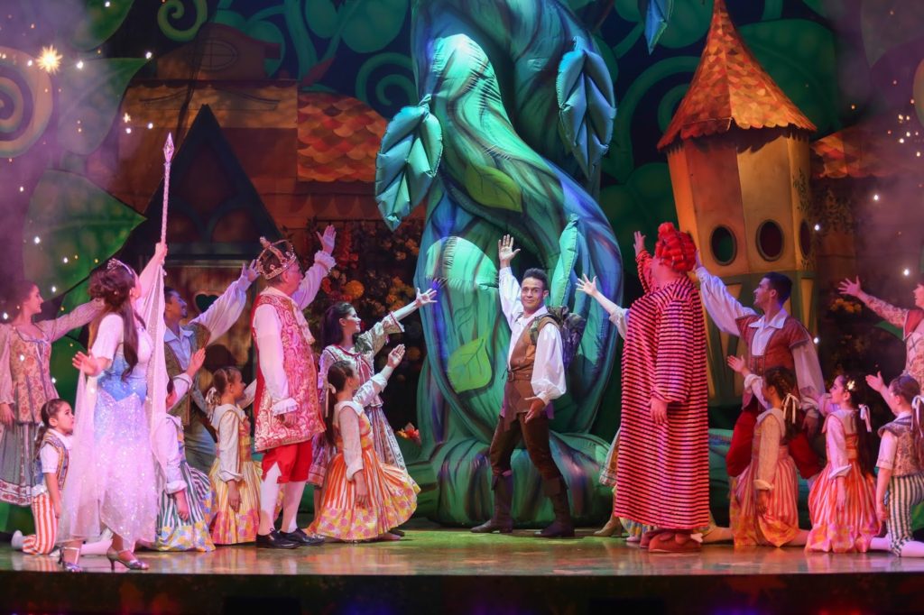 stage showing pants with inflatable beanstalk